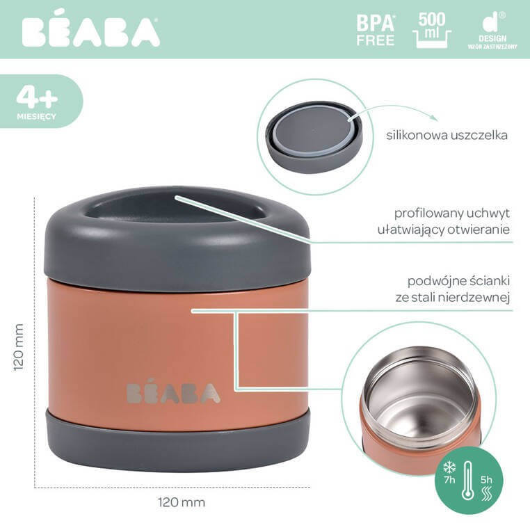 Duży pojemnik - termos obiadowy ze stali nierdzewnej 500 ml - mineral grey, teracotta / Beaba