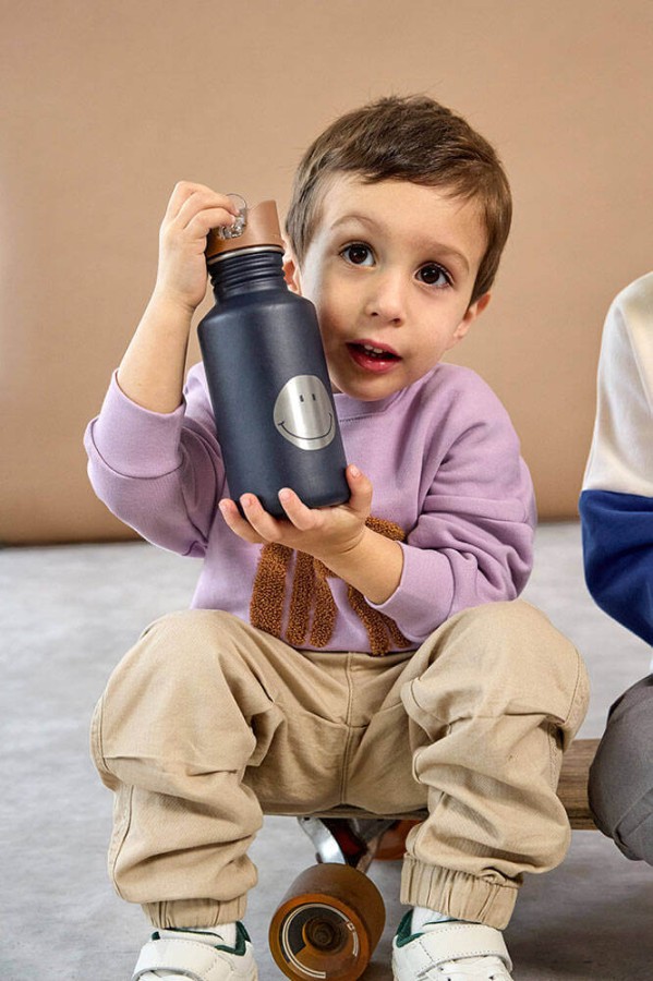 Bidon ze stali nierdzewnej z ustnikiem i uchwytem Little Gang, 500 ml - Smile navy / Lassig