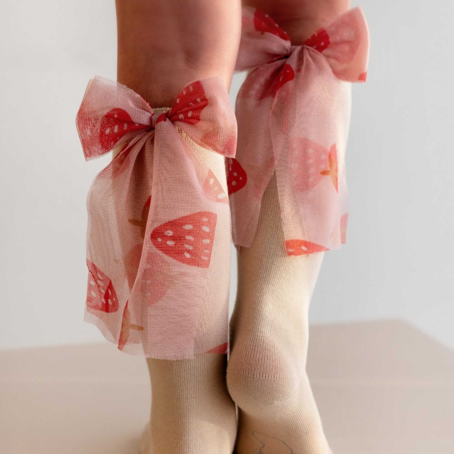 Podkolanówki z kokardą Candy Bow - Beżowe z truskawką / Mama's Feet