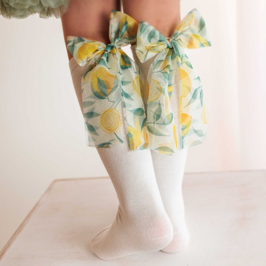 Podkolanówki z kokardą Candy Bow - Białe z cytrynką / Mama's Feet