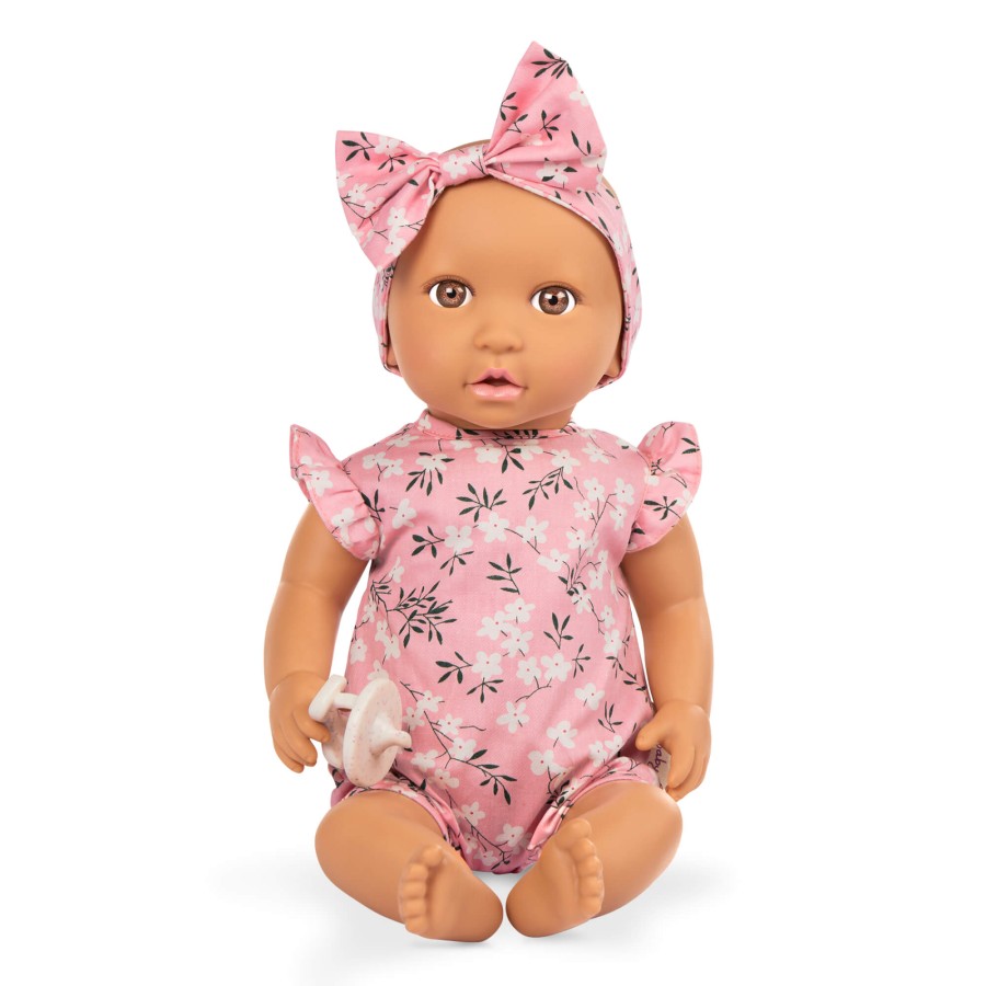 Lalka niemowlę ze smoczkiem, w ubranku w kwiatuszki i opasce, różowe / LullaBaby