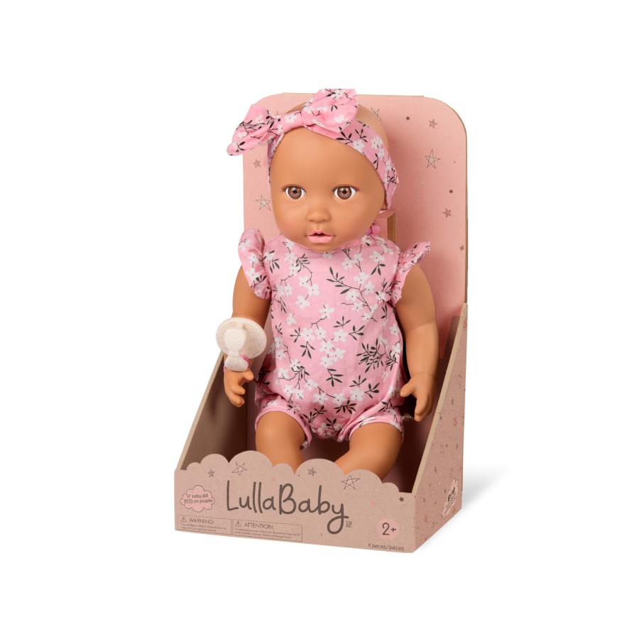 Lalka niemowlę ze smoczkiem, w ubranku w kwiatuszki i opasce, różowe / LullaBaby