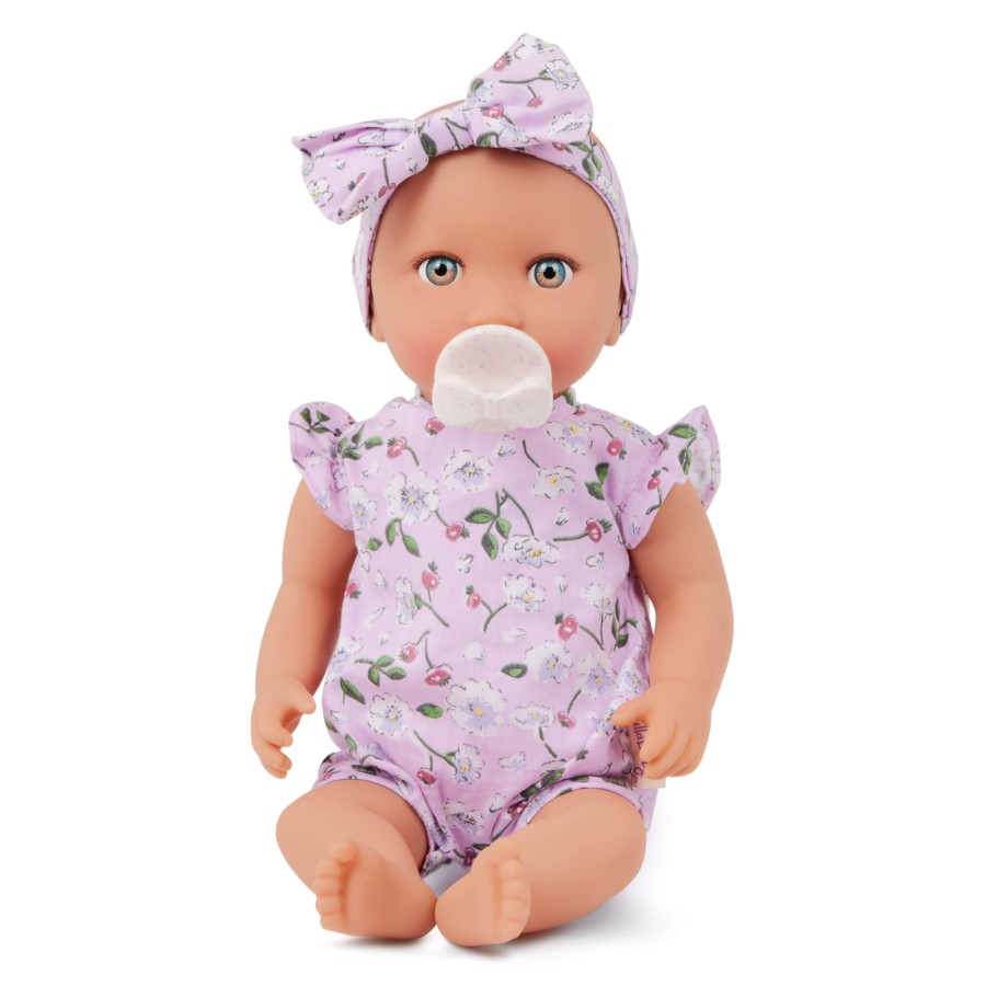 Lalka niemowlę ze smoczkiem, w ubranku w kwiatuszki i opasce, fioletowa / LullaBaby
