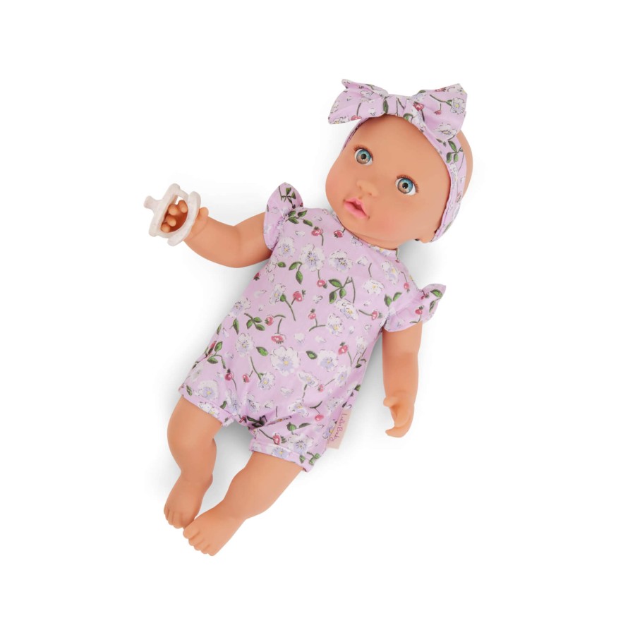 Lalka niemowlę ze smoczkiem, w ubranku w kwiatuszki i opasce, fioletowa / LullaBaby
