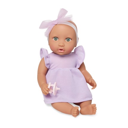 Lalka niemowlę ze smoczkiem, w sukience i opasce, wersja fioletowa / LullaBaby