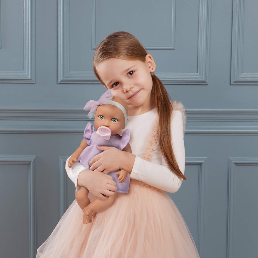Lalka niemowlę ze smoczkiem, w sukience i opasce, wersja fioletowa / LullaBaby