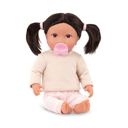 Lalka niemowlę z włosami i smoczkiem, w dwuczęściowym ubranku - brunetka / LullaBaby
