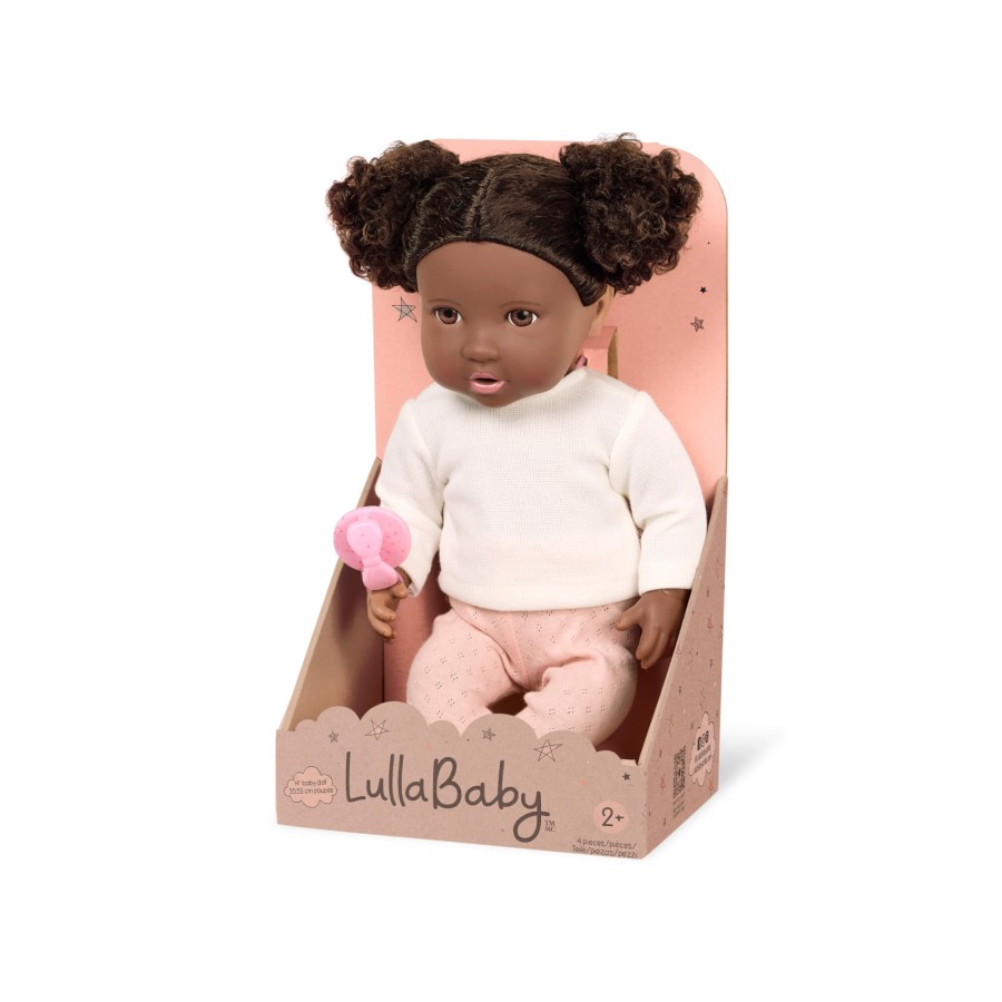 Lalka niemowlę z włosami i smoczkiem, w dwuczęściowym ubranku - ciemnoskóra brunetka / LullaBaby