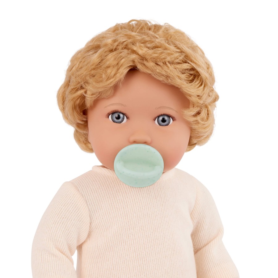 Lalka niemowlę chłopiec z włosami i smoczkiem, w dwuczęściowym ubranku - blondyn / LullaBaby