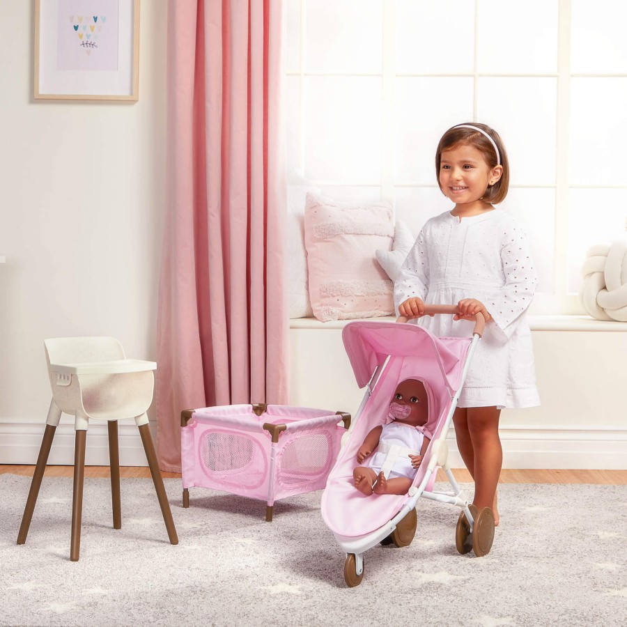 Combo dla lalki niemowlaka – krzesełko do karmienia, kojec i spacerówka, wersja różowa / LullaBaby