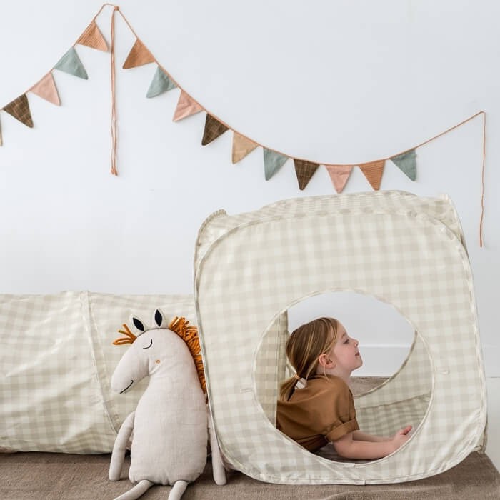 Zestaw namiotów dla dzieci z tunelem 3w1 Gingham Beige / 3 Sprouts