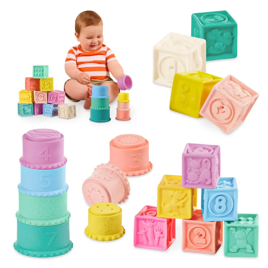Stackin’ Squishies – miękkie kubeczki i klocki sensoryczne 2w1 / B.Toys