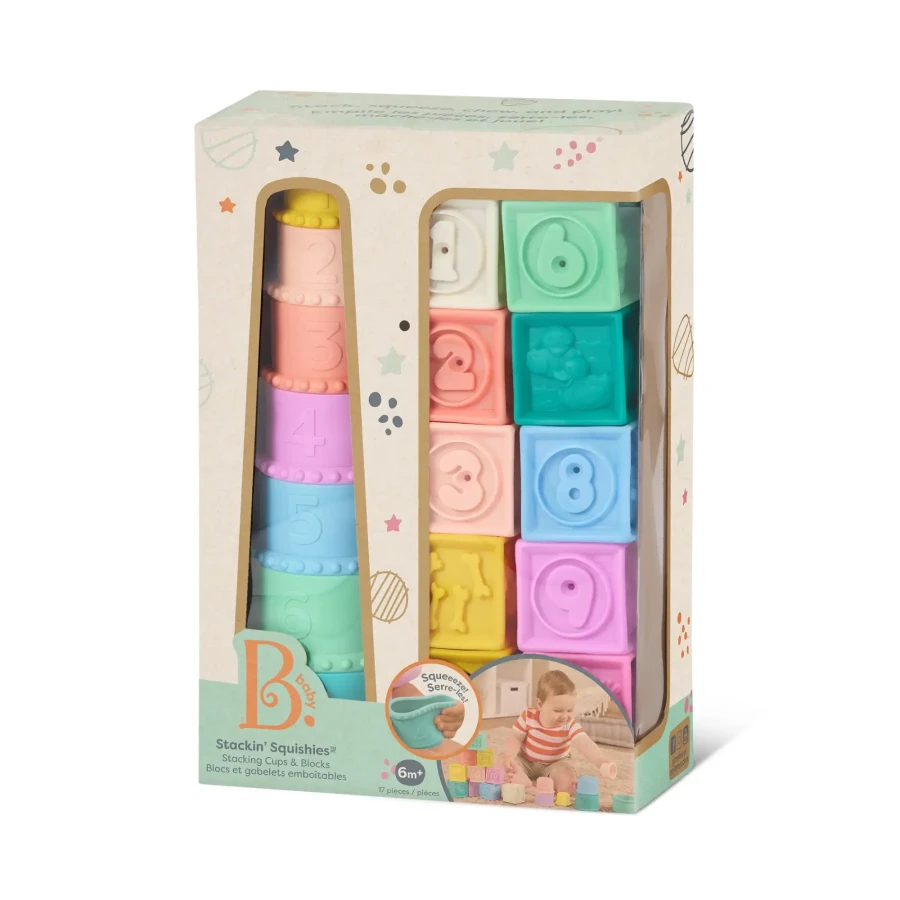 Stackin’ Squishies – miękkie kubeczki i klocki sensoryczne 2w1 / B.Toys