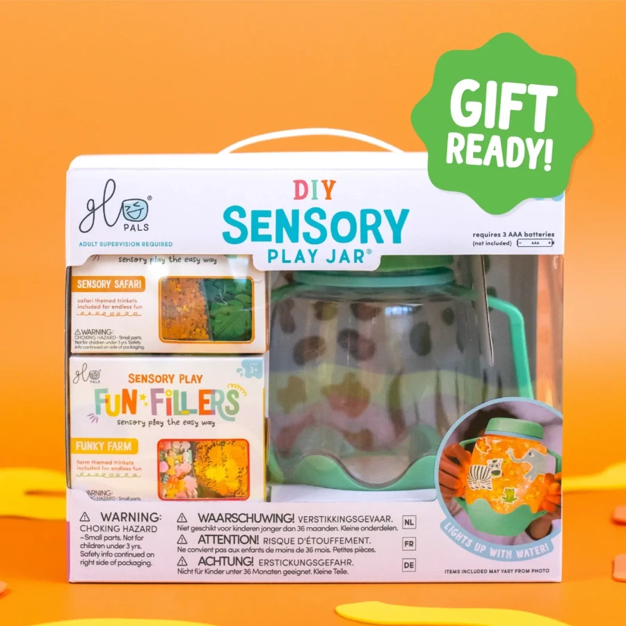 Zestaw sensoryczny DIY, świecący słoik z brokatami i figurkami Fun Fillers + naklejki gratis - ZOO / Glo Pals