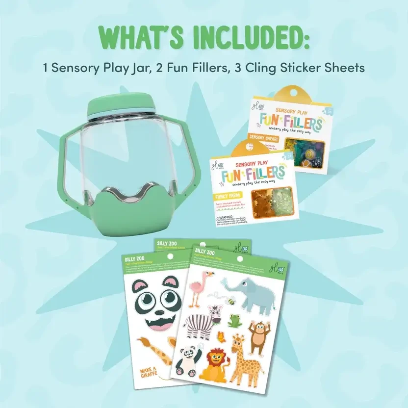 Zestaw sensoryczny DIY, świecący słoik z brokatami i figurkami Fun Fillers + naklejki gratis - ZOO / Glo Pals