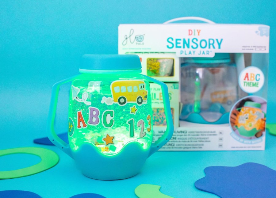 Zestaw sensoryczny DIY, świecący słoik z brokatami i figurkami Fun Fillers + naklejki gratis - ABC / Glo Pals