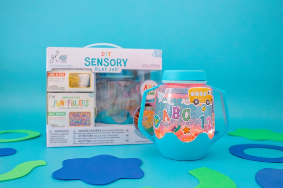 Zestaw sensoryczny DIY, świecący słoik z brokatami i figurkami Fun Fillers + naklejki gratis - ABC / Glo Pals