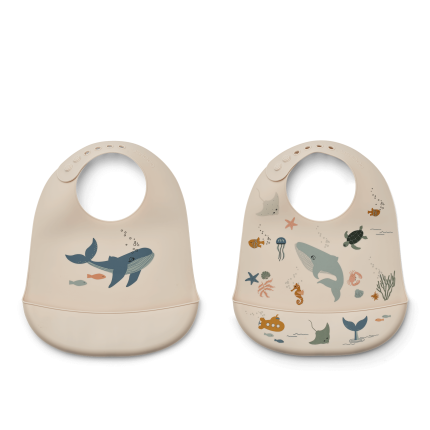 Silikonowy śliniak z kieszonką Tilda 2-pak - Sea creature, Sandy / Liewood
