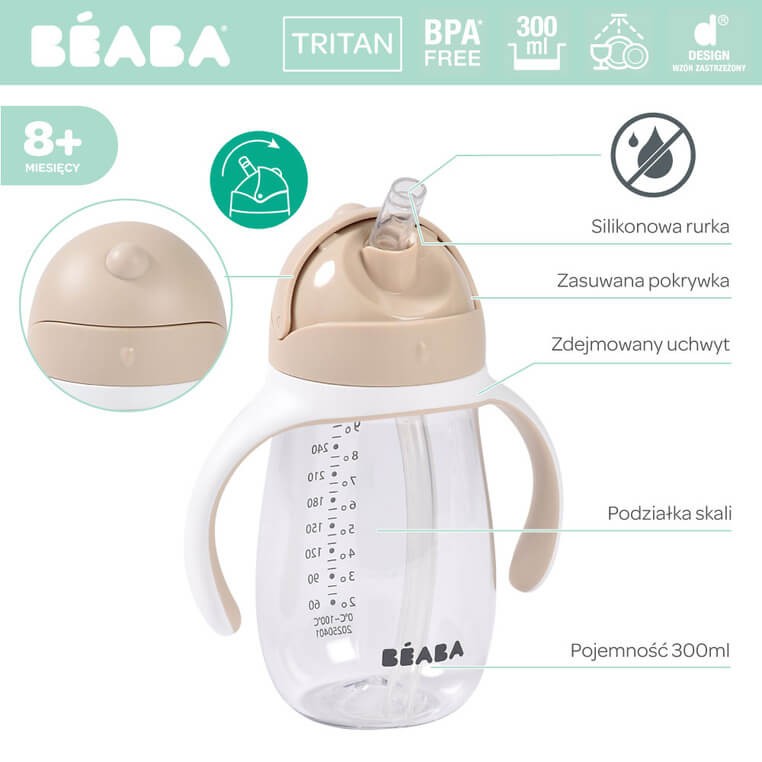 Bidon tritanowy ze słomką, 300 ml - clay earth / Beaba