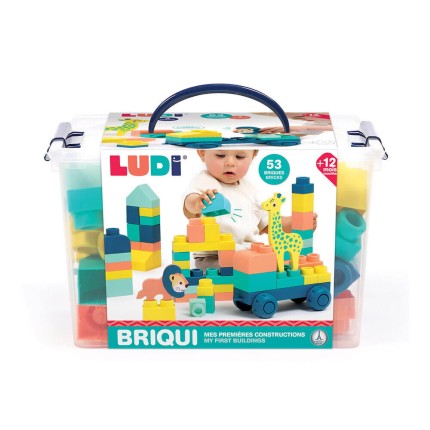 Kauczukowe klocki konstrukcyjne z pojazdem i zwierzątkami, w kuferku Briqui / LUDI