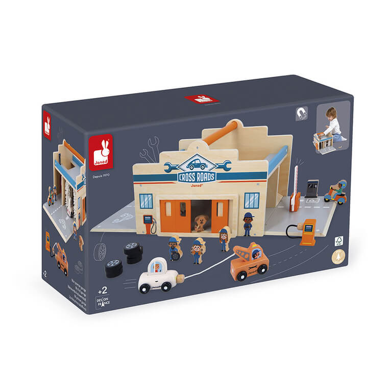 Drewniany garaż otwierany z figurkami Cross Roads 2+ / Janod