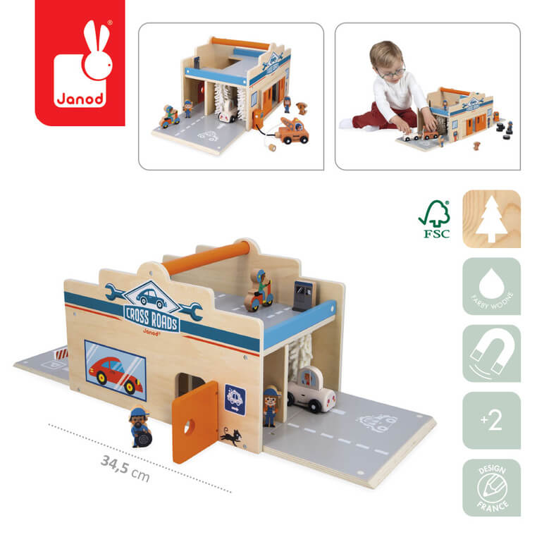 Drewniany garaż otwierany z figurkami Cross Roads 2+ / Janod