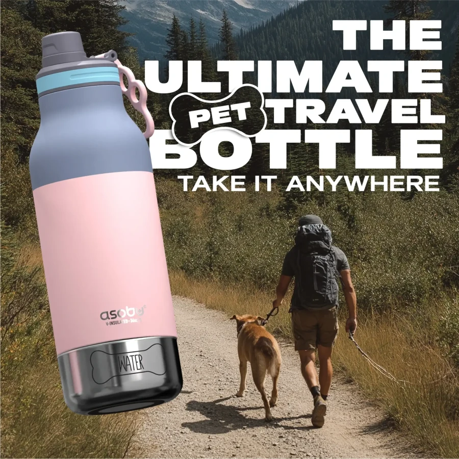 Butelka z miskami dla psa Buddy, 1L - pastel pink / Asobu