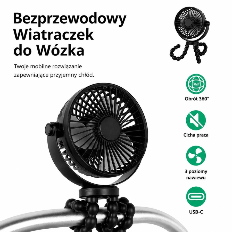 Bezprzewodowy wiatraczek 360° do wózka USB-C / Titanium Baby