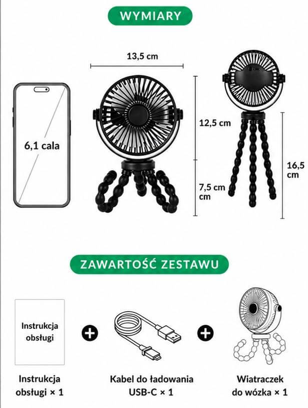 Bezprzewodowy wiatraczek 360° do wózka USB-C / Titanium Baby