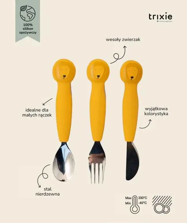 Silikonowy zestaw sztućców Lew, 3szt. / Trixie