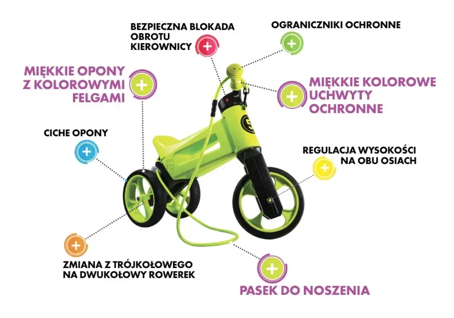 Rowerek biegowy Jeździk 2w1 Ciche koła + Pasek do noszenia dla Rodzica, Biały z brązowymi felgami / FWRider