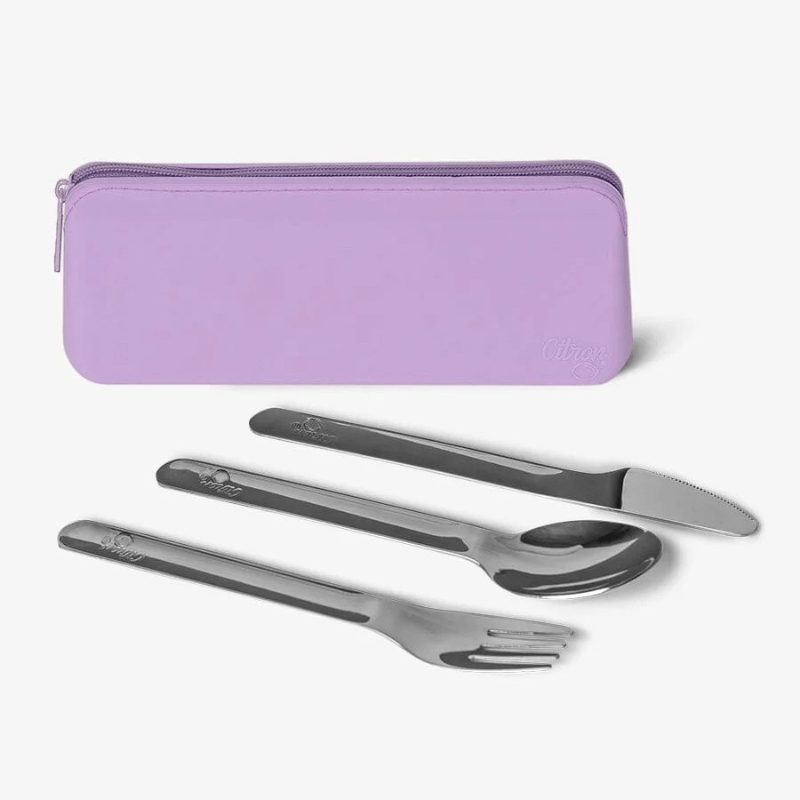 Sztućce ze stali nierdzewnej z etui na zamek - Purple / Citron