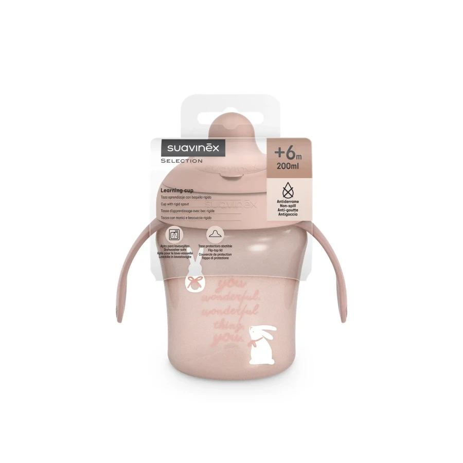 Kubek niekapek do nauki picia, 200 ml - króliczek różowy / Suavinex