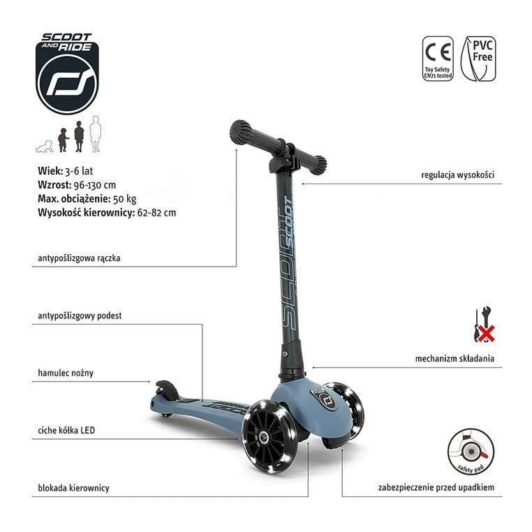 Highwaykick 3 LED Hulajnoga składana ze świecącymi kółkami 3+ Steel / Scootandride