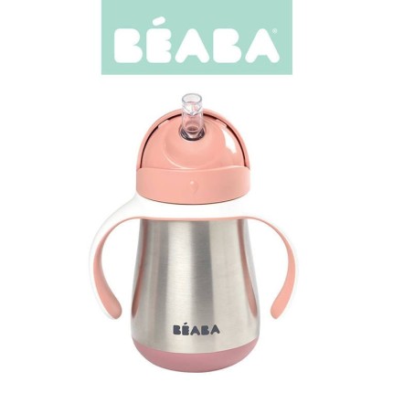 Butelka - kubek niekapek stalowa ze słomką 250 ml - old pink / Beaba