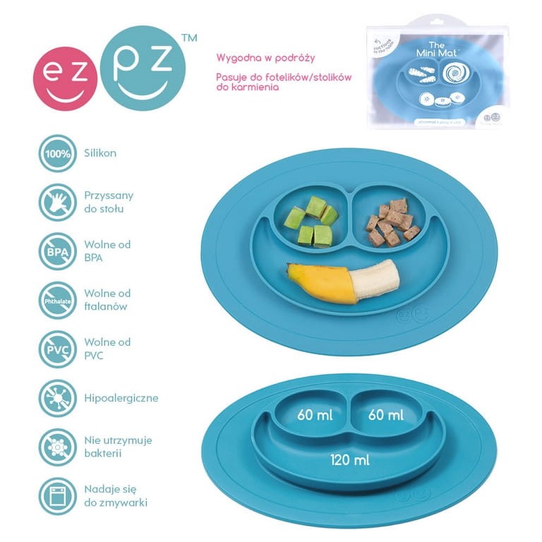 Silikonowy talerzyk z podkładką mały 2w1 Mini Mat niebieski / EZPZ