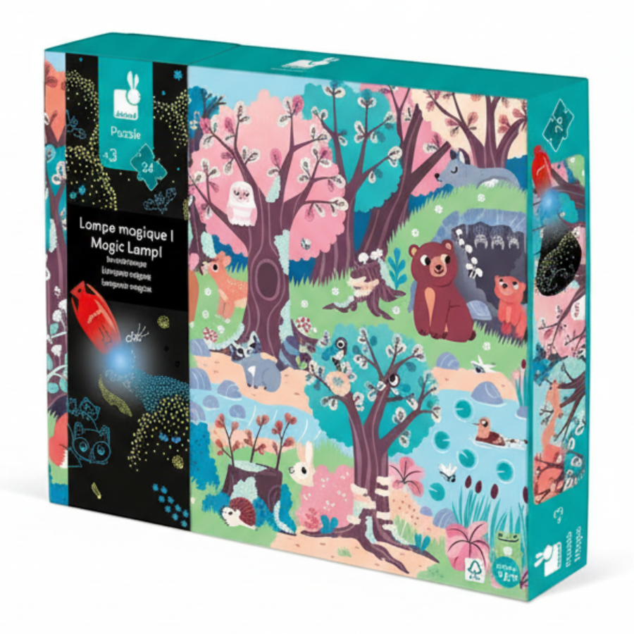 Świecące puzzle z mini-lampką UV Las 24 elementy 3+ / Janod