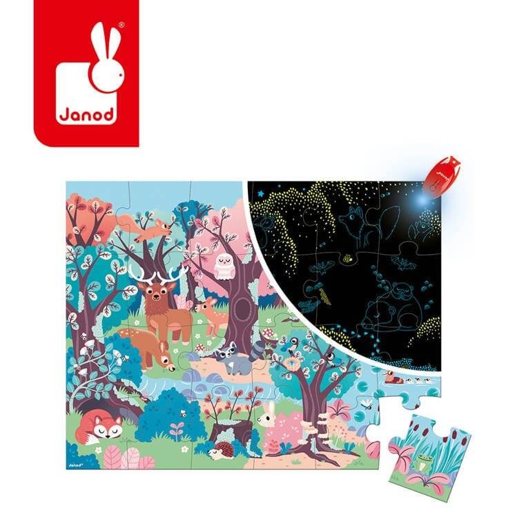 Świecące puzzle z mini-lampką UV Las 24 elementy 3+ / Janod