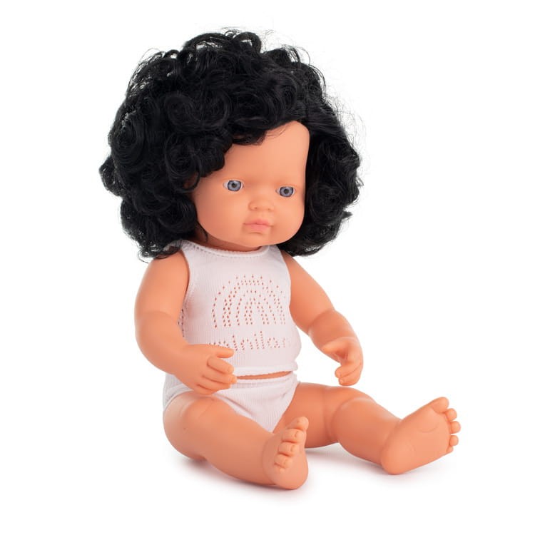 Lalka dziewczynka Europejka czarne kręcone włosy 38cm Miniland Doll