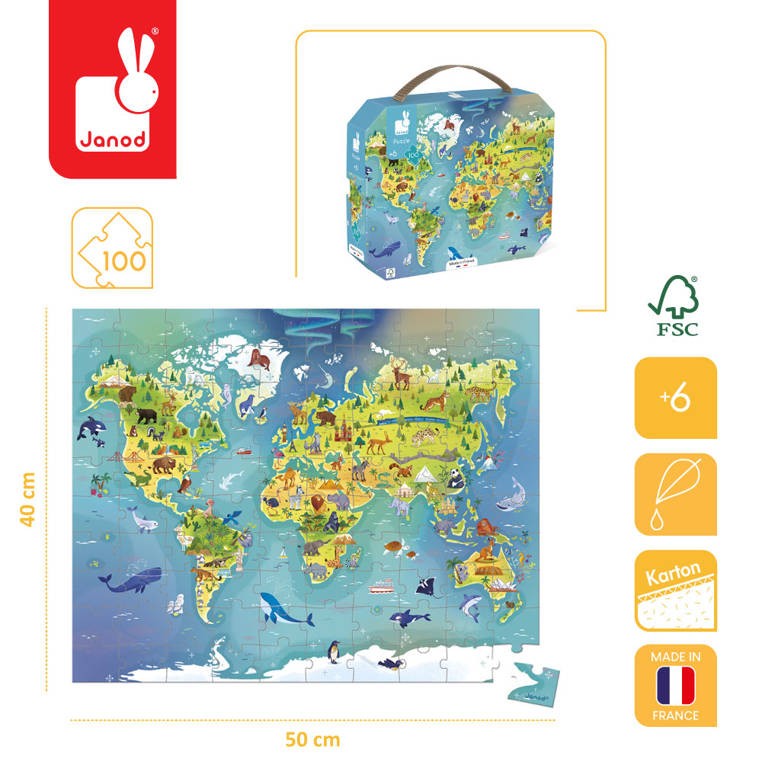 Puzzle w walizce Mapa świata 100 elementów 6+ / Janod