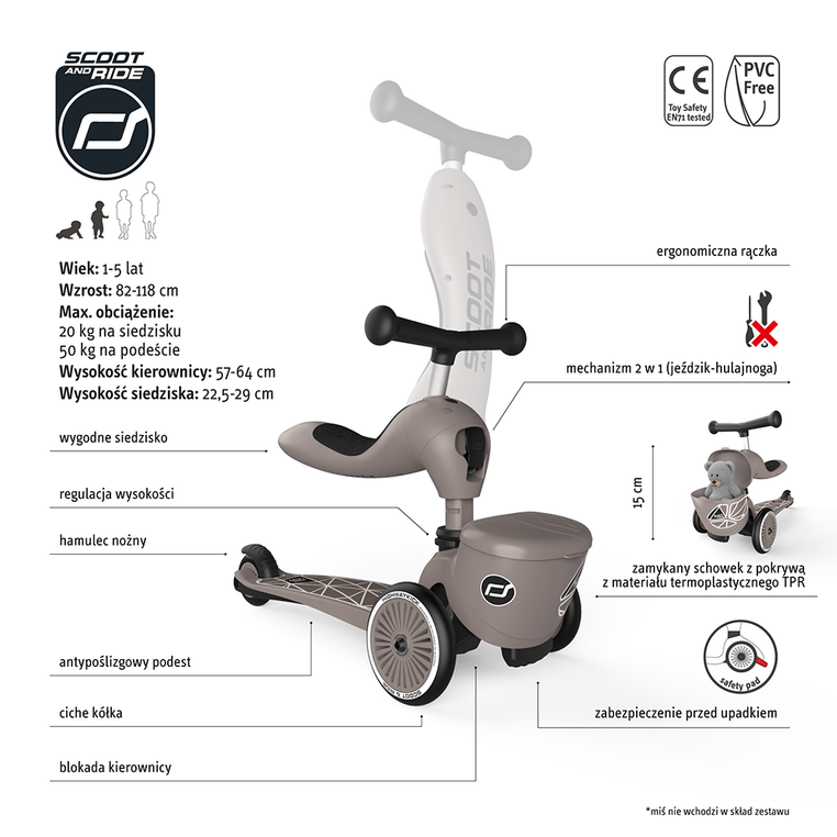 Highwaykick 1 Lifestyle 2w1 Jeździk i hulajnoga z zamykanym schowkiem 1-5 lat Brown Lines / Scootandride
