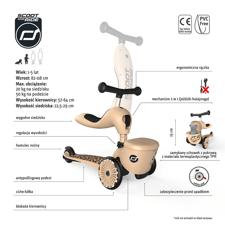 Highwaykick 1 Lifestyle 2w1 Jeździk i hulajnoga z zamykanym schowkiem 1-5 lat Leopard / Scootandride