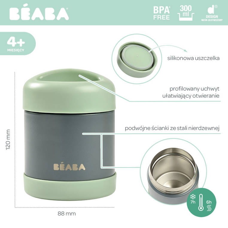 Pojemnik-termos obiadowy ze stali nierdzewnej z hermetycznym zamknięciem 300 ml: mineral grey, sage green / Beaba