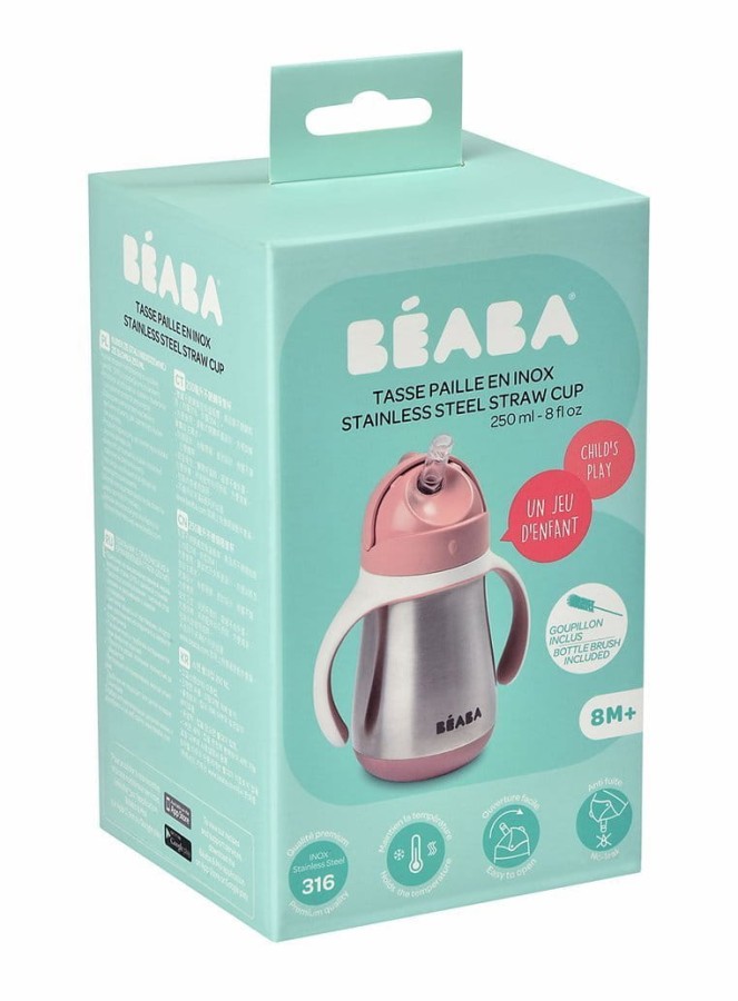 Butelka - kubek niekapek stalowa ze słomką 250 ml - old pink / Beaba