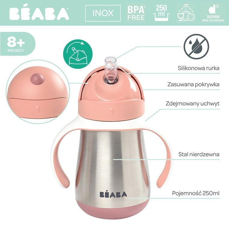 Butelka - kubek niekapek stalowa ze słomką 250 ml - old pink / Beaba
