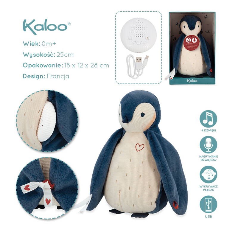 Szumiąca przytulanka z rejestratorem głosu i detektorem płaczu Pingwinek 25 cm w pudełku kolekcja Complices / Kaloo