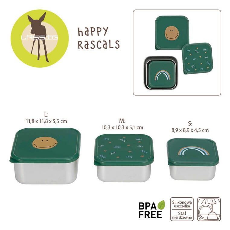 Pojemnik na przekąski snackbox ze stali nierdzewnej 3 szt. Happy Rascals Smile green / Lassig