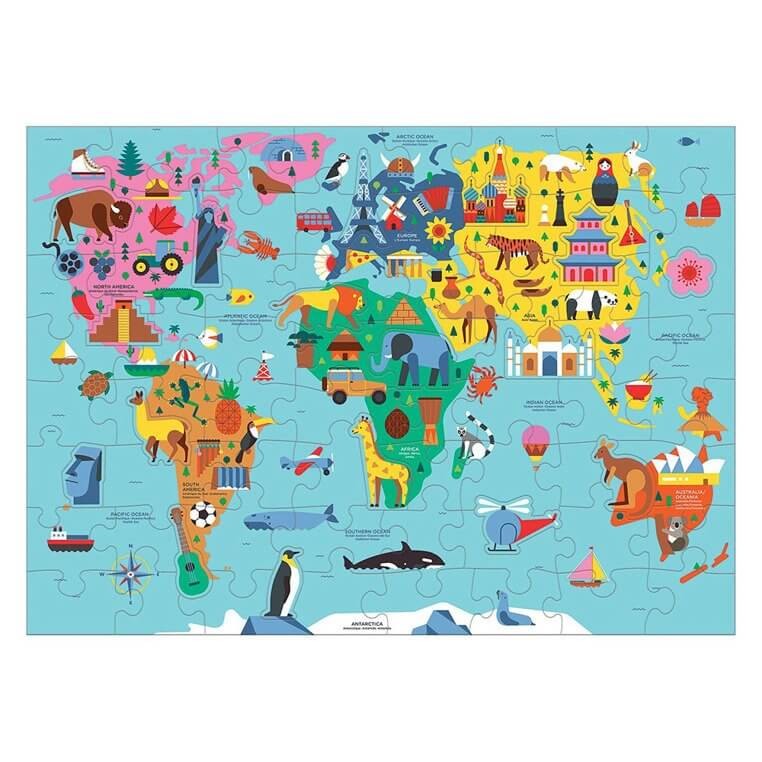 Puzzle Mapa Świata z elementami w kształcie budynków i zwierząt 5+ / Mudpuppy
