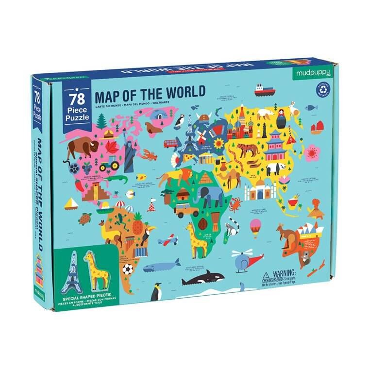 Puzzle Mapa Świata z elementami w kształcie budynków i zwierząt 5+ / Mudpuppy