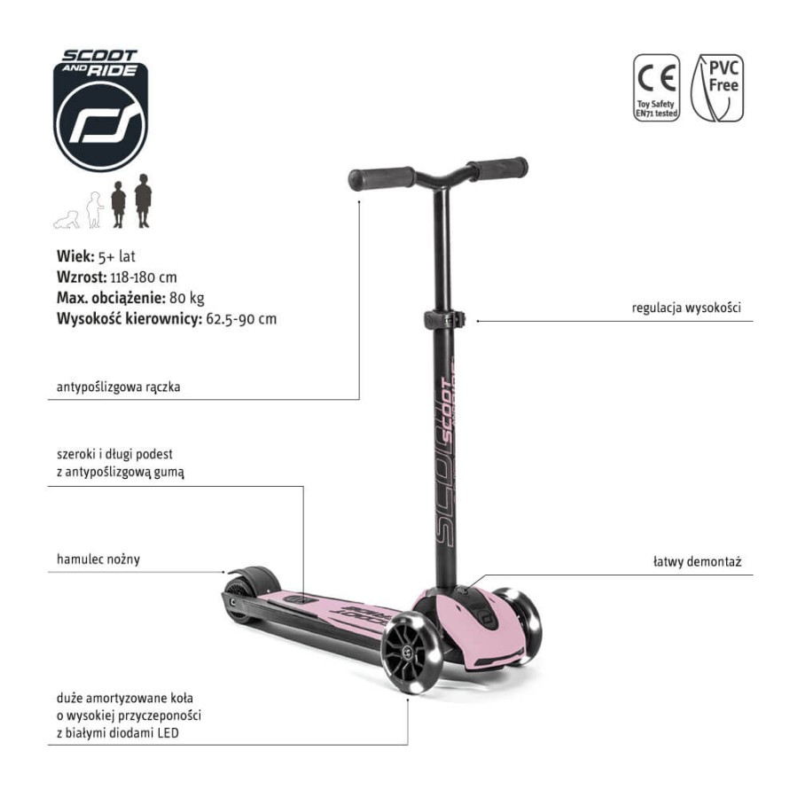 Highwaykick 5 LED Hulajnoga trójkołowa balansowa ze świecącymi kółkami 5+ Rose / Scootandride